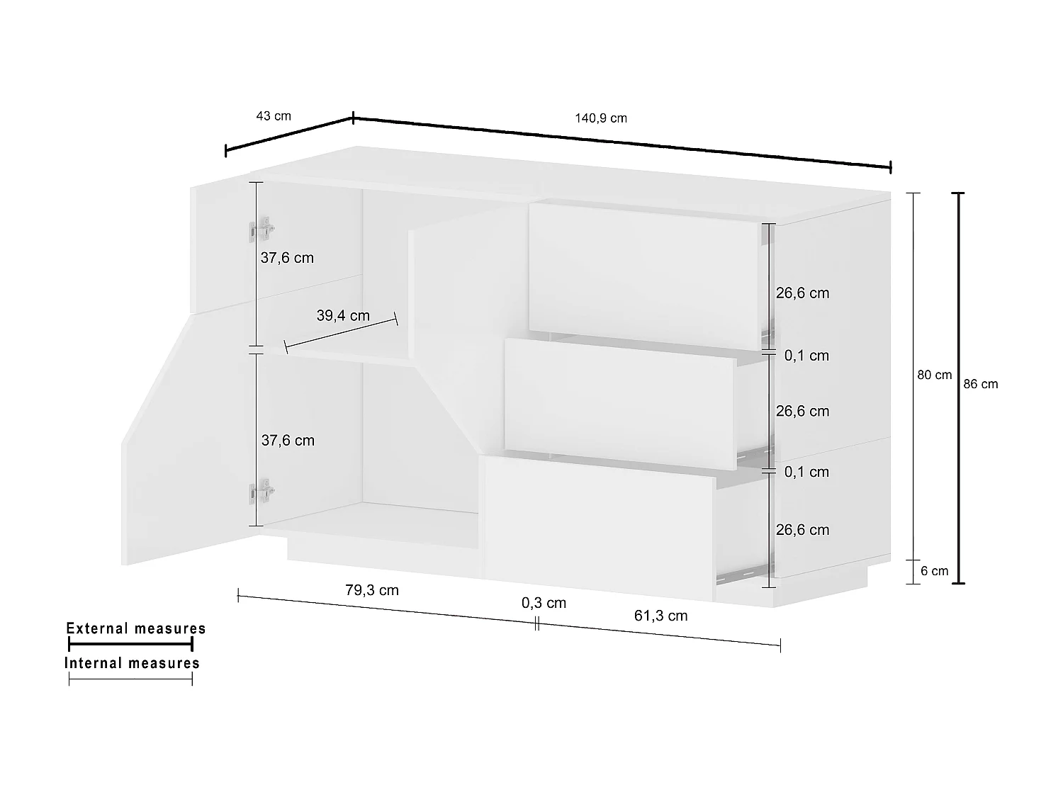 Aparador Mira Report antracite de 140x43cm para sala de estar, com 2 portas e 3 gavetas