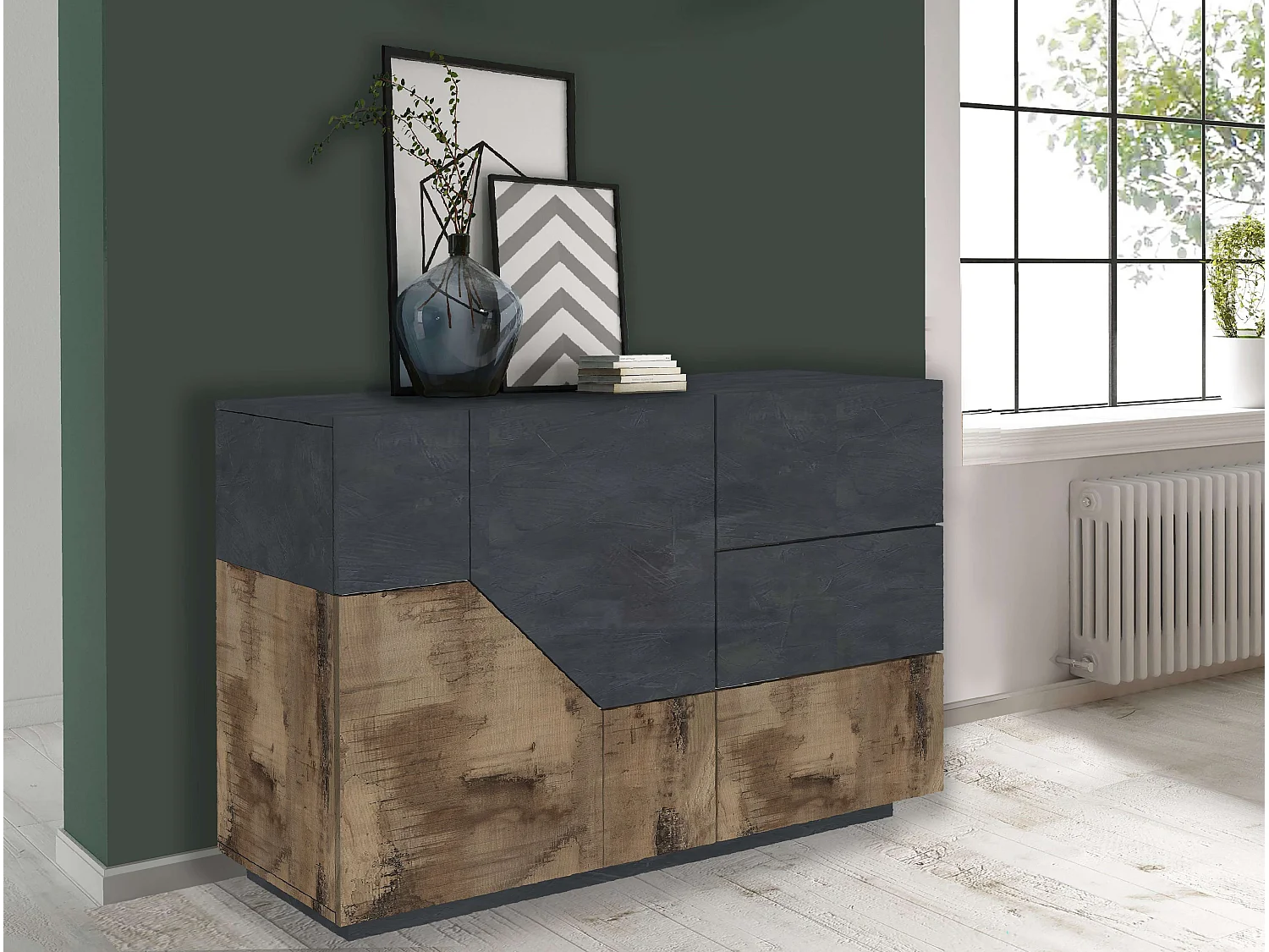 Aparador Mira Report antracite de 140x43cm para sala de estar, com 2 portas e 3 gavetas
