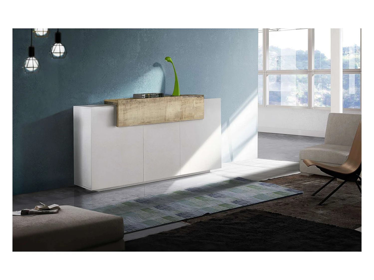 Aparador moderno de salón con 3 puertas y 1 estante con solapa de diseño madera blanca Corona Side