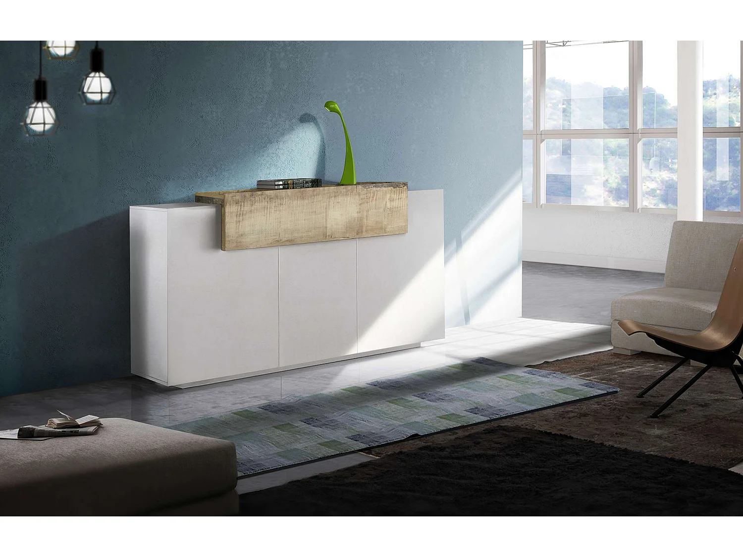 Aparador moderno de salón con 3 puertas y 1 estante con solapa de diseño madera blanca Corona Side