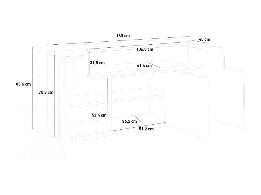 Aparador moderno de salón con 3 puertas y 1 estante con solapa de diseño madera blanca Corona Side