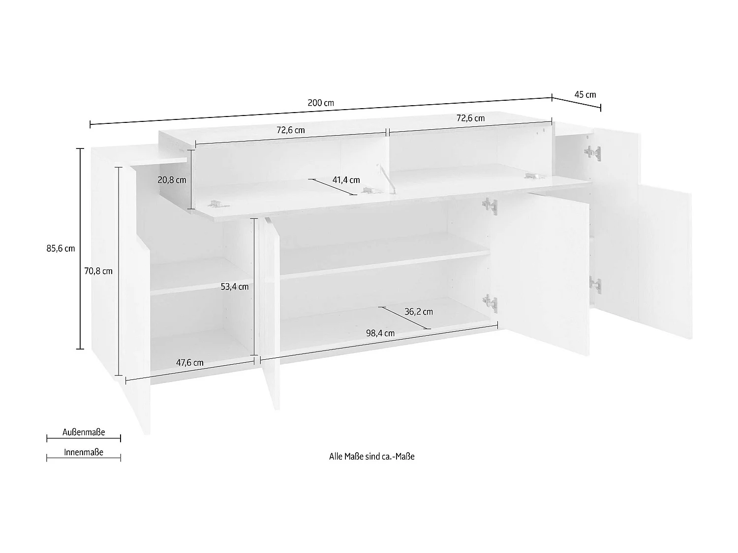 Aparador salón buffet 200 cm con puerta y 4 compartimentos blanco y gris Corona Side