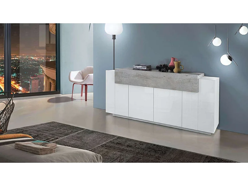Aparador salón buffet 200 cm con puerta y 4 compartimentos blanco y gris Corona Side