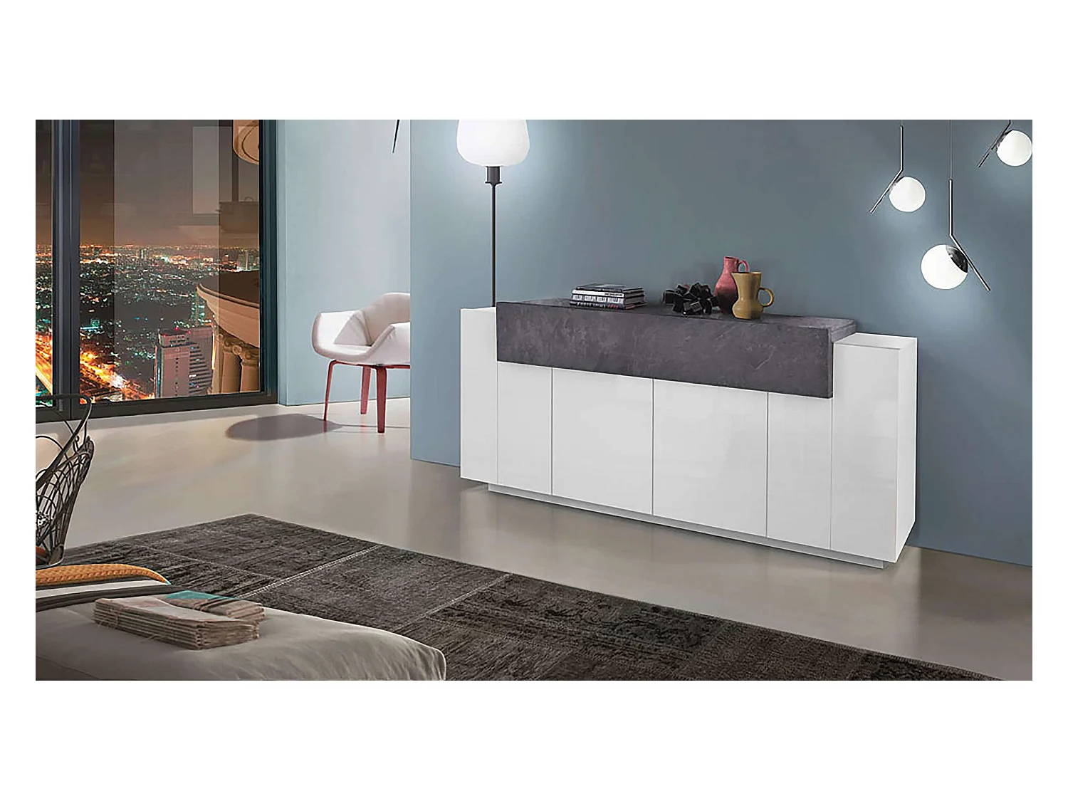 Aparador 200 cm salón blanco y pizarra con puerta y 4 compartimentos Corona Side