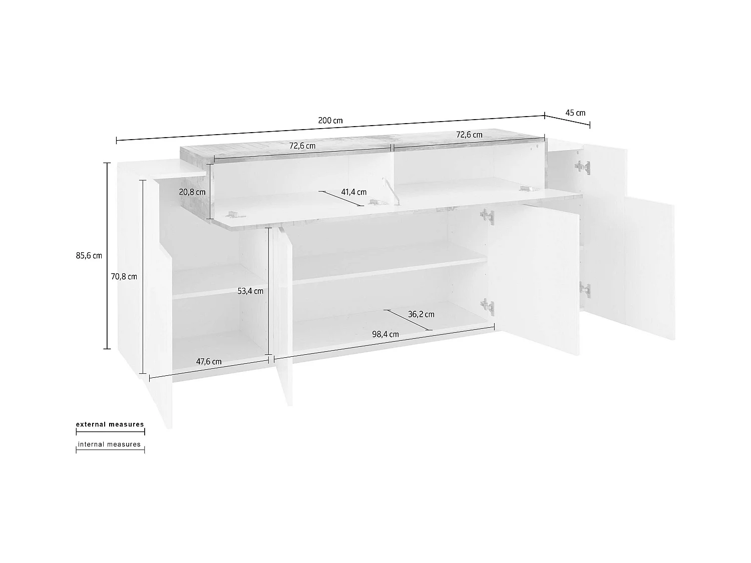 Aparador 200 cm salón blanco y pizarra con puerta y 4 compartimentos Corona Side