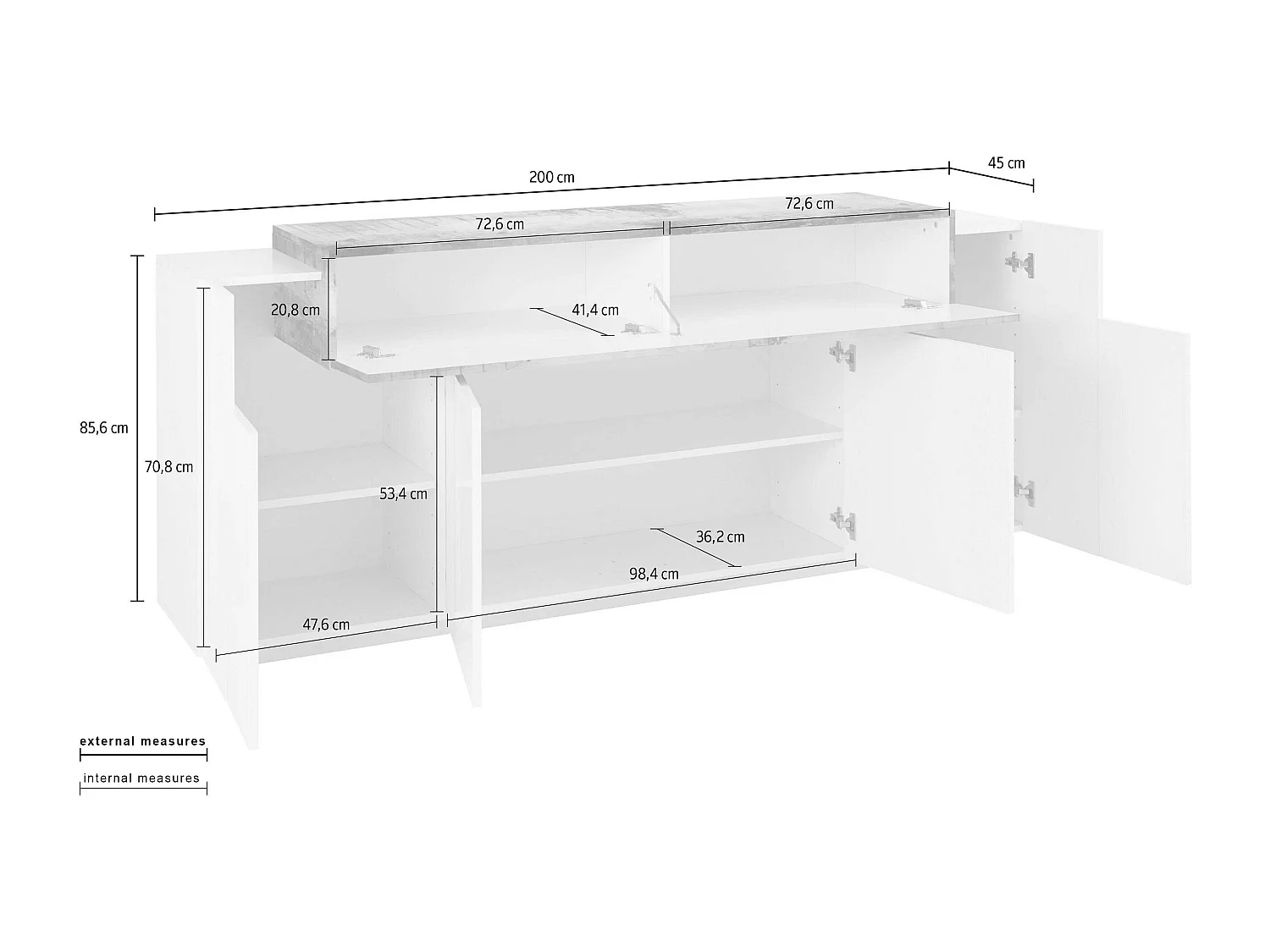 Mobile Coro L 200 x H 85.5 x P 45 cm bianco lucido e grigio ardesia