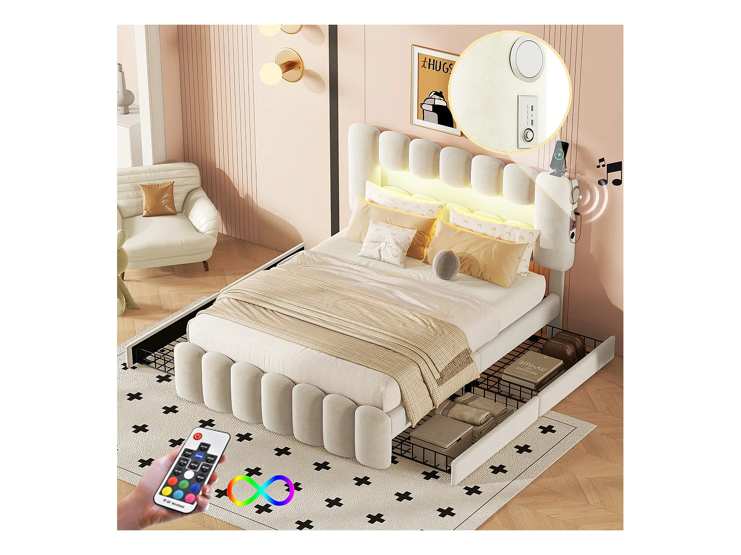 Cama adulto 140x200cm con 4 cajones y LED, tejido terciopelo beige, cabecero regulable en altura, sin colchón