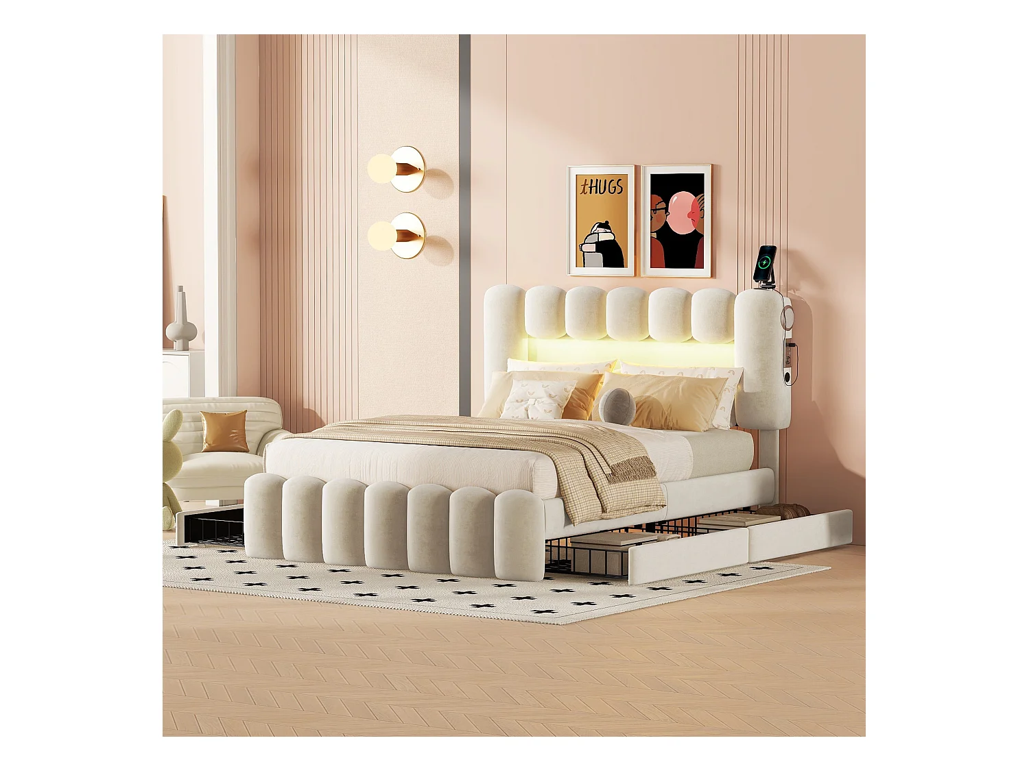 Cama adulto 140x200cm con 4 cajones y LED, tejido terciopelo beige, cabecero regulable en altura, sin colchón