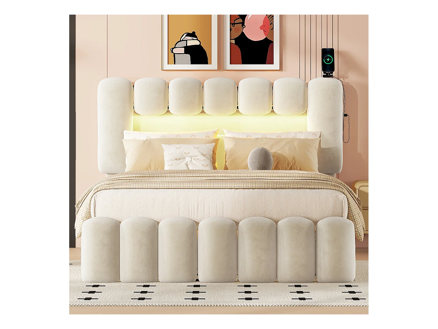 Lit adulte 140x200cm avec 4 tiroir et LED, tissu en velours beige, tête de lit réglable en hauteur, sans matelas