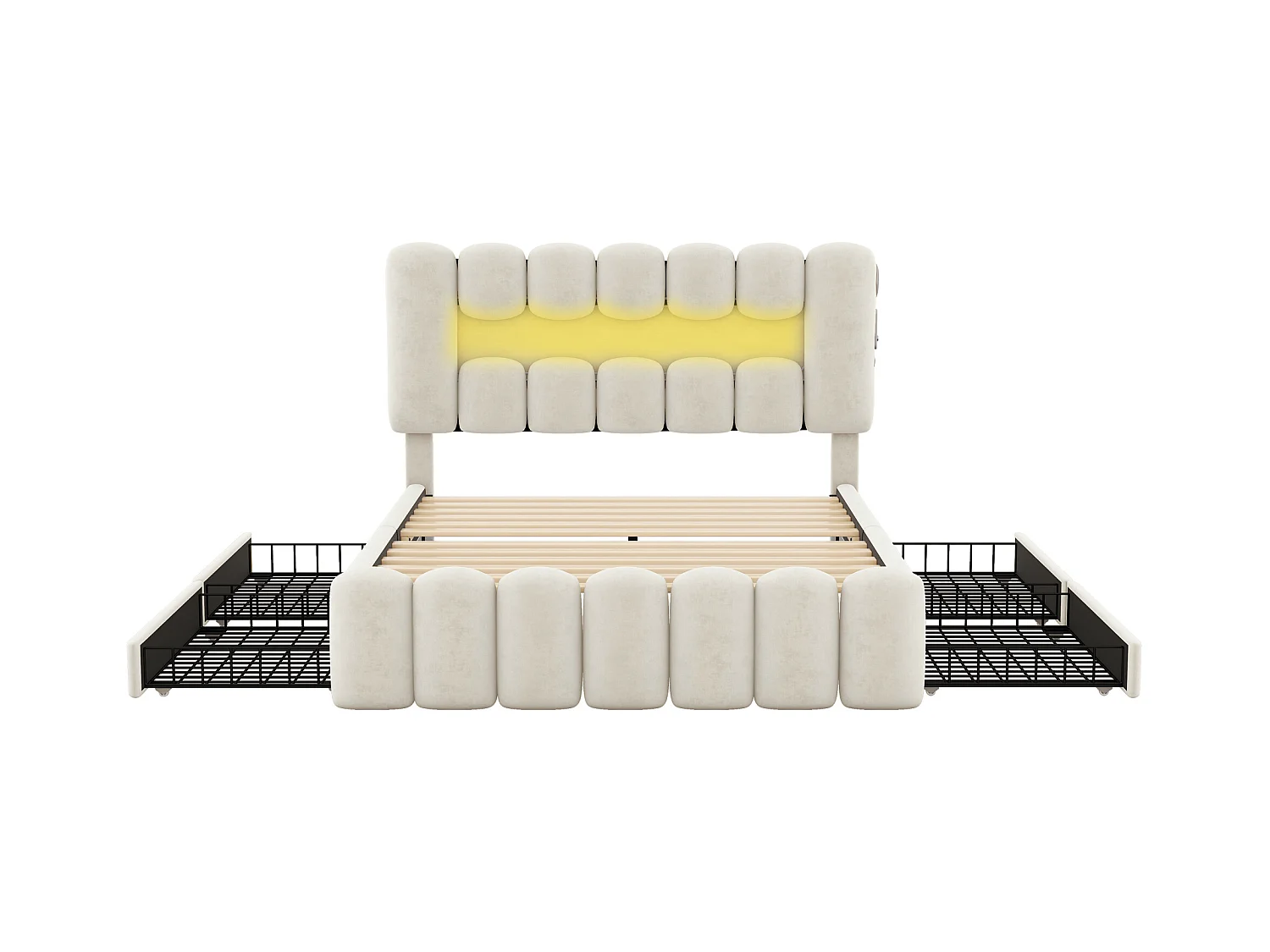 Lit adulte 140x200cm avec 4 tiroir et LED, tissu en velours beige, tête de lit réglable en hauteur, sans matelas