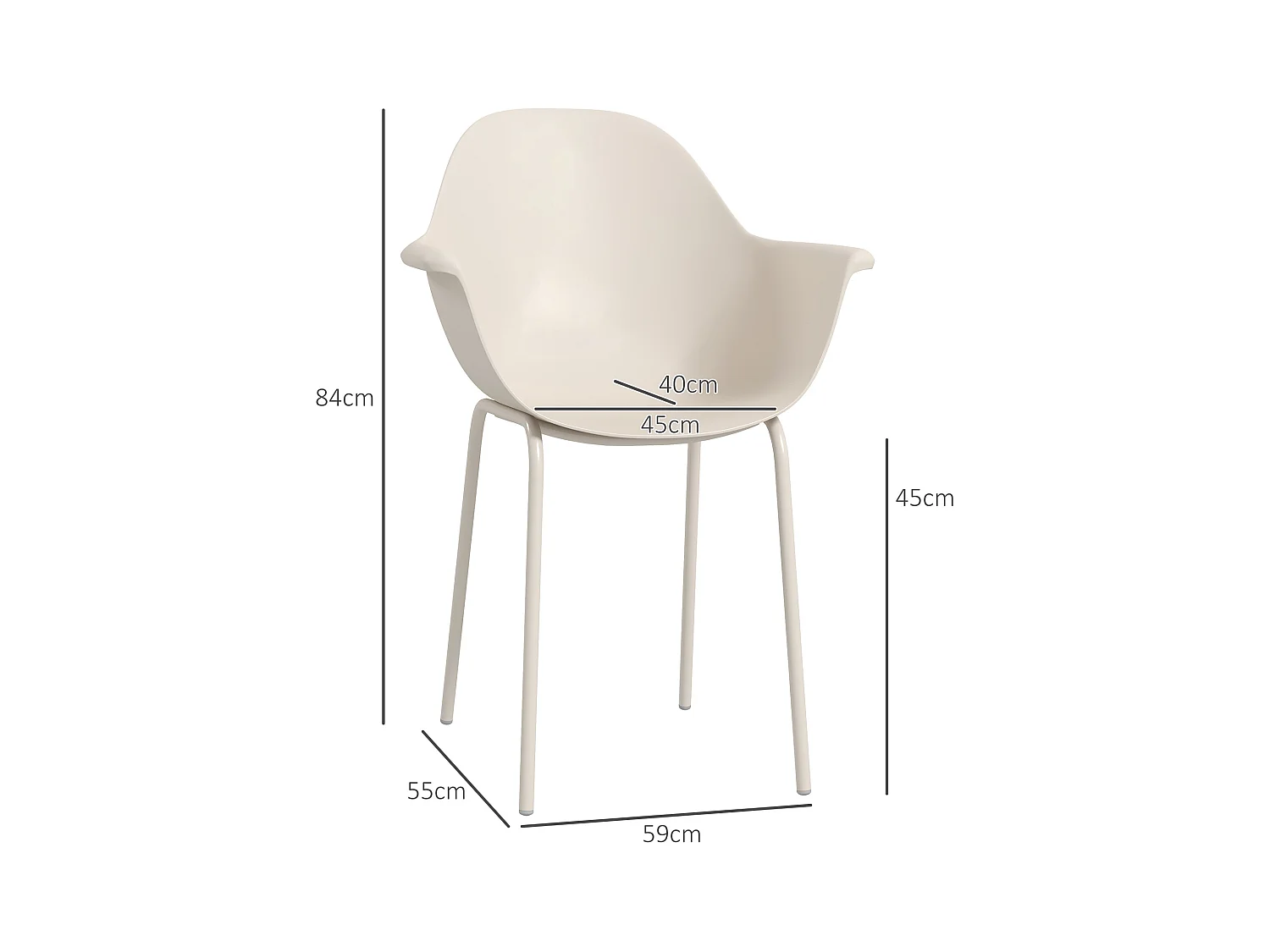 Lot de 4 chaises de jardin en plastique avec cadre en métal, beige