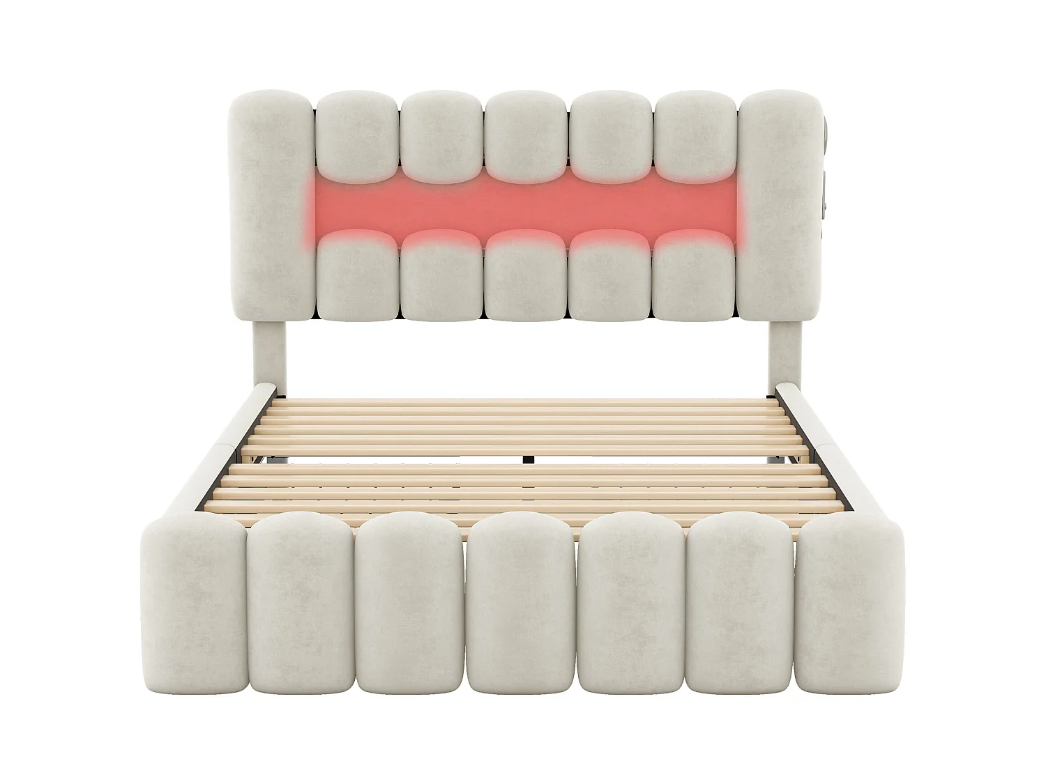 Cama adulto 160x200cm con 4 cajones y LED, tejido terciopelo beige, cabecero regulable en altura, sin colchón