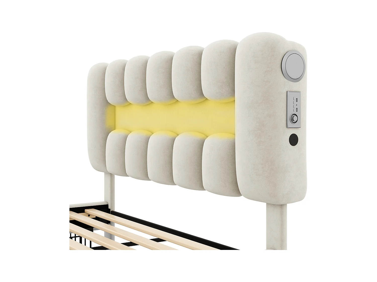 Cama adulto 160x200cm con 4 cajones y LED, tejido terciopelo beige, cabecero regulable en altura, sin colchón