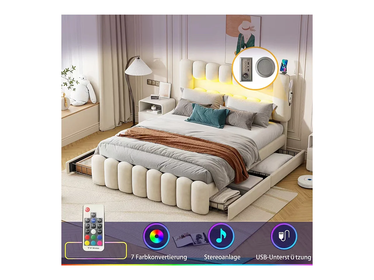 Lit adulte 160x200cm avec 4 tiroir et LED, tissu en velours beige, tête de lit réglable en hauteur, sans matelas
