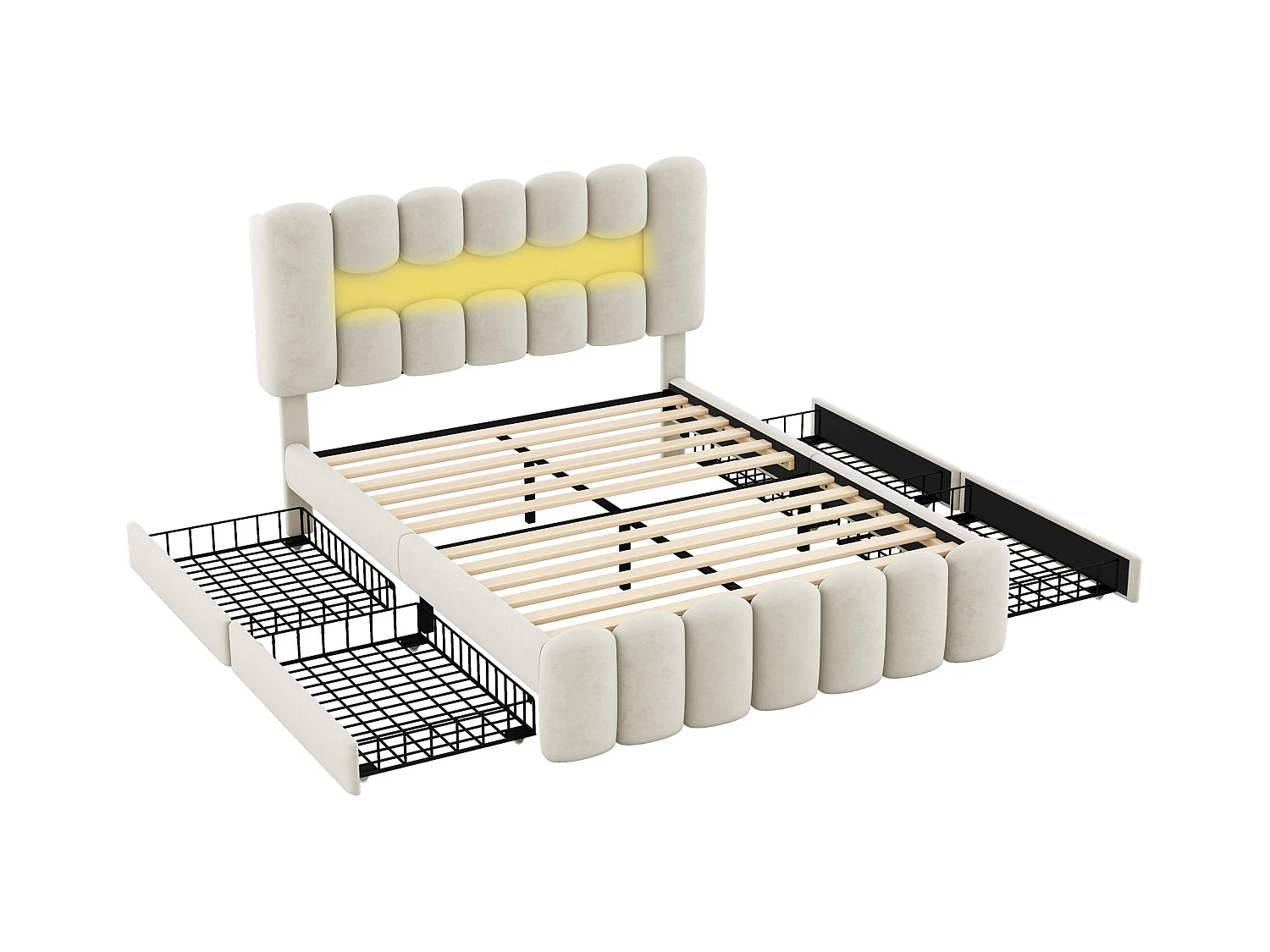 Lit adulte 160x200cm avec 4 tiroir et LED, tissu en velours beige, tête de lit réglable en hauteur, sans matelas