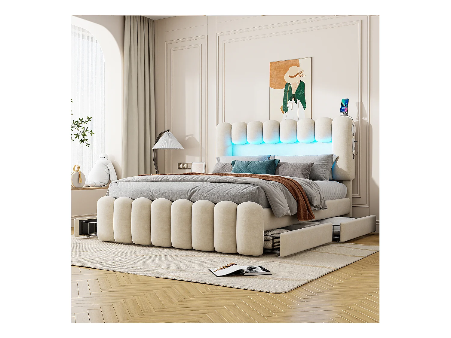 Lit adulte 160x200cm avec 4 tiroir et LED, tissu en velours beige, tête de lit réglable en hauteur, sans matelas
