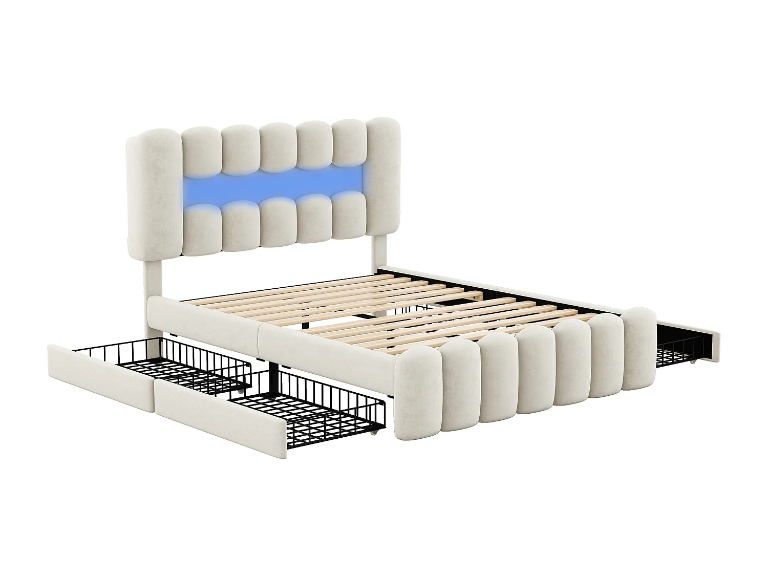 Lit adulte 160x200cm avec 4 tiroir et LED, tissu en velours beige, tête de lit réglable en hauteur, sans matelas