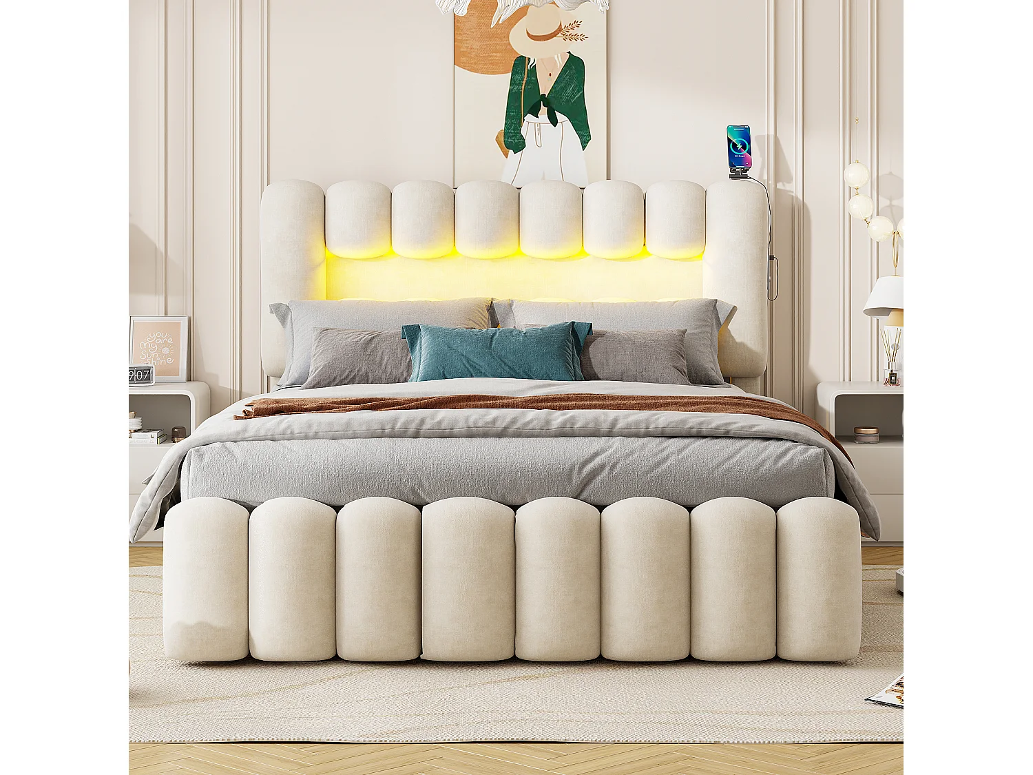 Lit adulte 160x200cm avec 4 tiroir et LED, tissu en velours beige, tête de lit réglable en hauteur, sans matelas