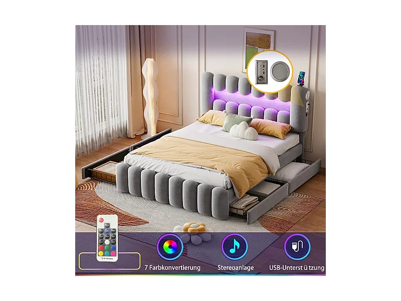 Lit adulte 160x200cm avec 4 tiroir et LED, tissu en velours gris, tête de lit réglable en hauteur, sans matelas