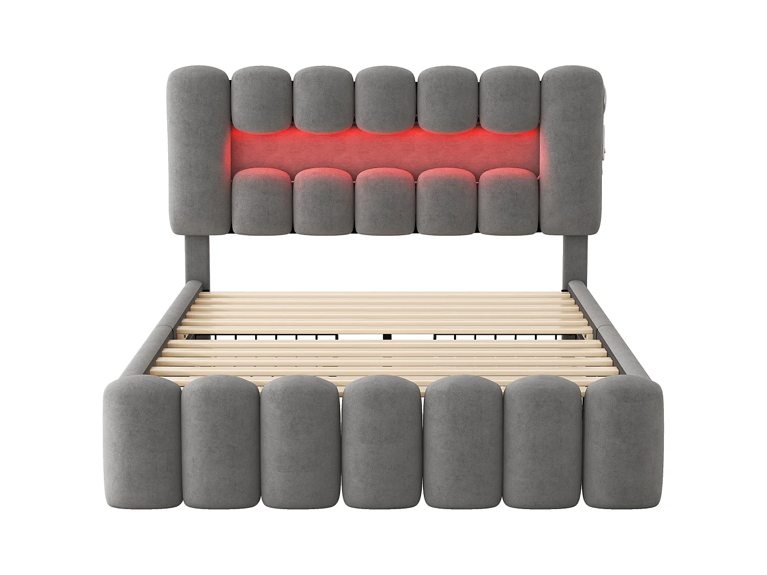 Cama adulto 160x200cm con 4 cajones y LED, tejido terciopelo gris, cabecero regulable en altura, sin colchón