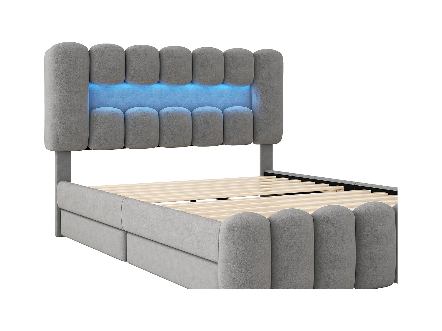 Cama adulto 160x200cm con 4 cajones y LED, tejido terciopelo gris, cabecero regulable en altura, sin colchón