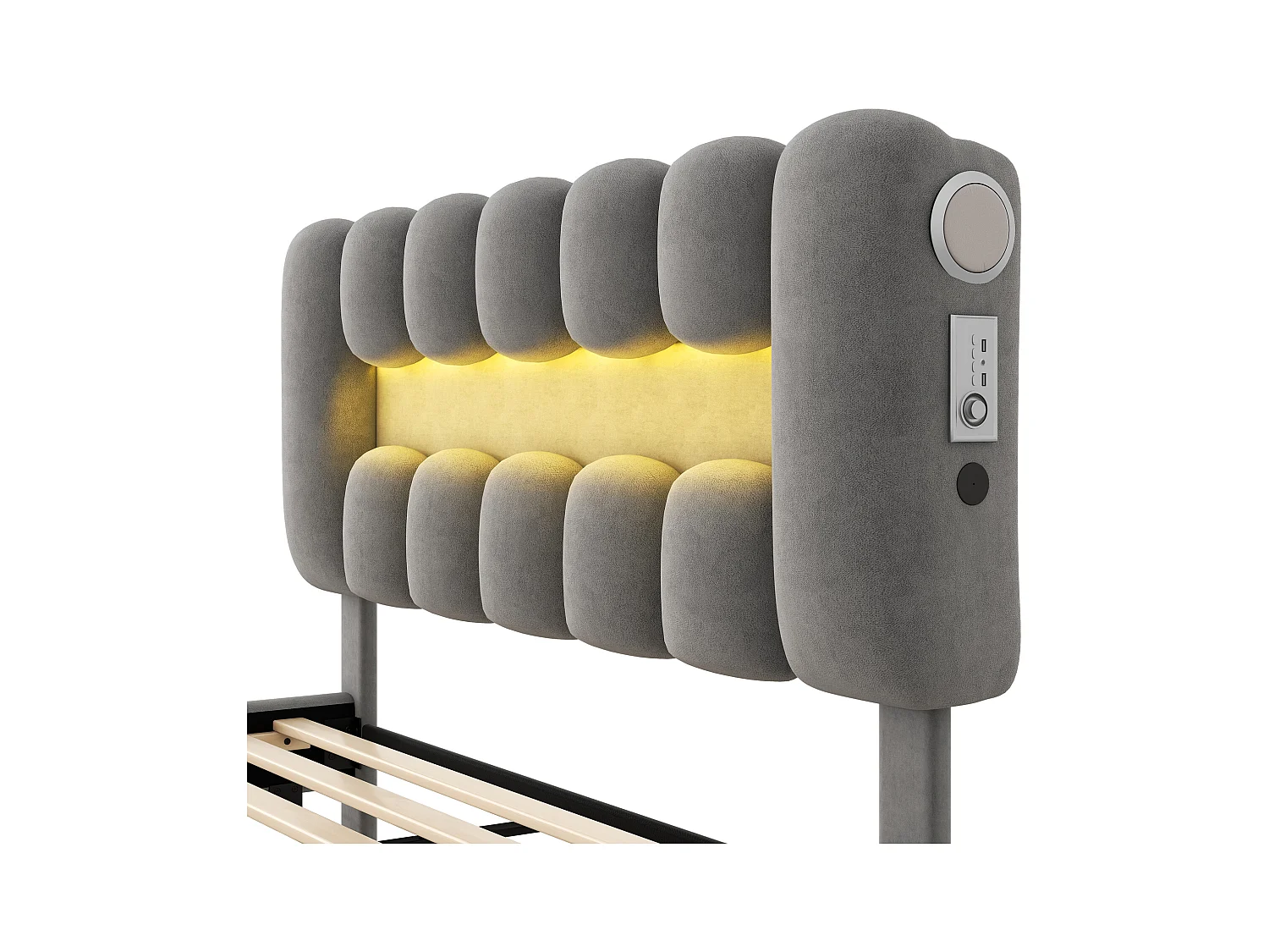 Cama adulto 160x200cm con 4 cajones y LED, tejido terciopelo gris, cabecero regulable en altura, sin colchón