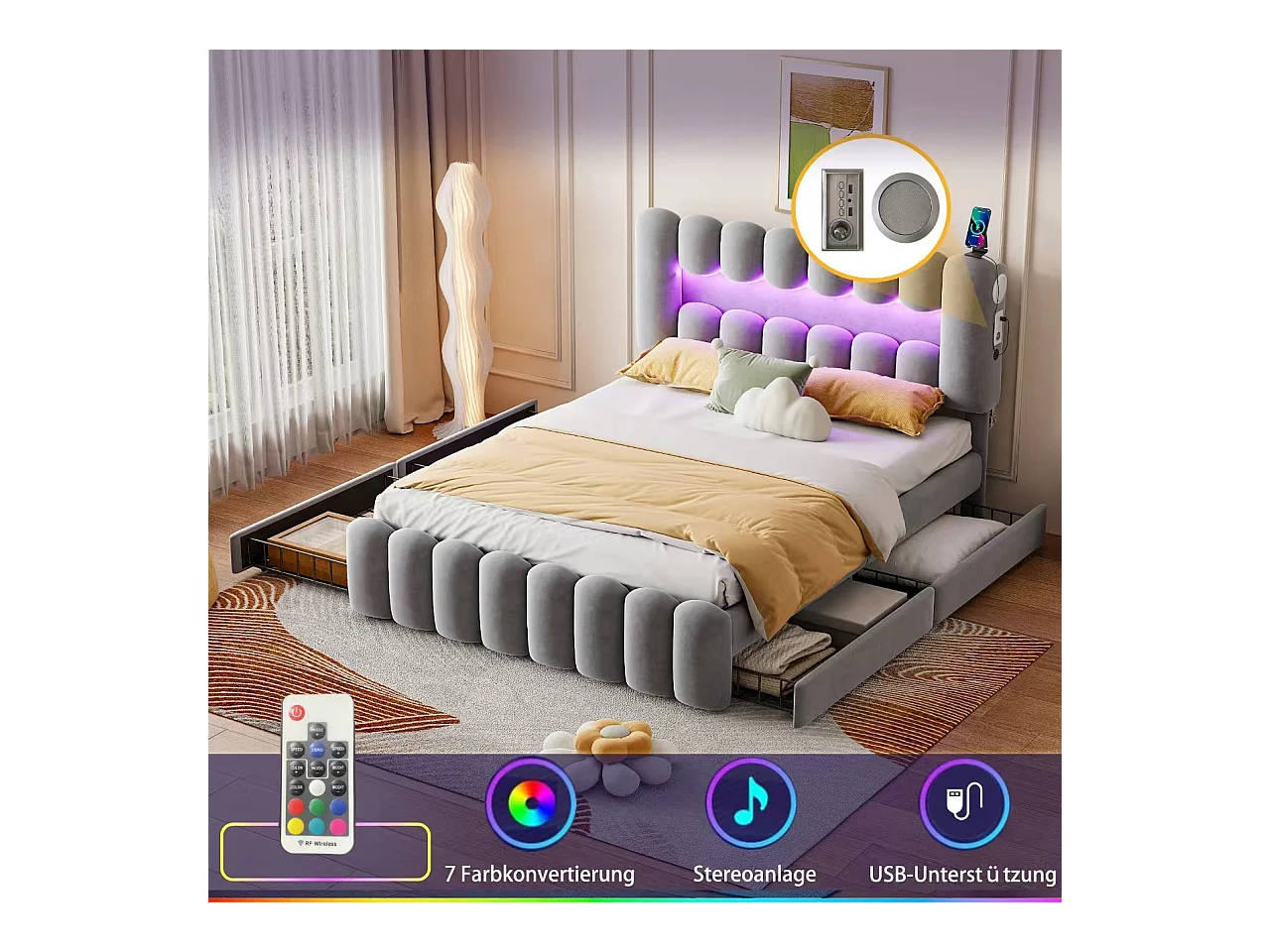 Lit adulte 160x200cm avec 4 tiroir et LED, tissu en velours gris, tête de lit réglable en hauteur, sans matelas