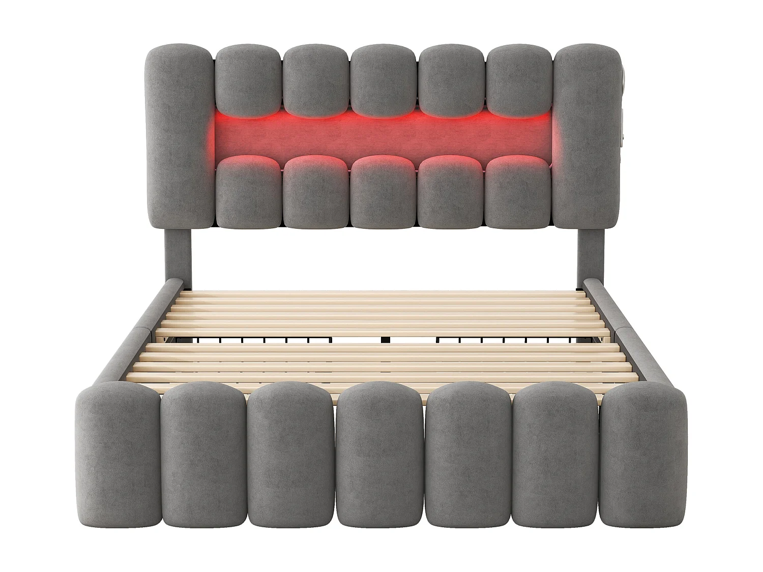 Lit adulte 160x200cm avec 4 tiroir et LED, tissu en velours gris, tête de lit réglable en hauteur, sans matelas