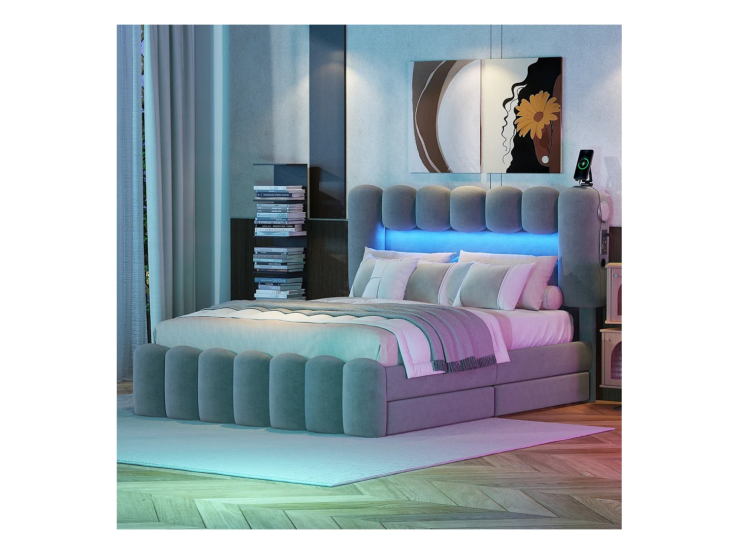 Lit adulte 140x200cm avec 4 tiroir et LED, tissu en velours gris, tête de lit réglable en hauteur, sans matelas