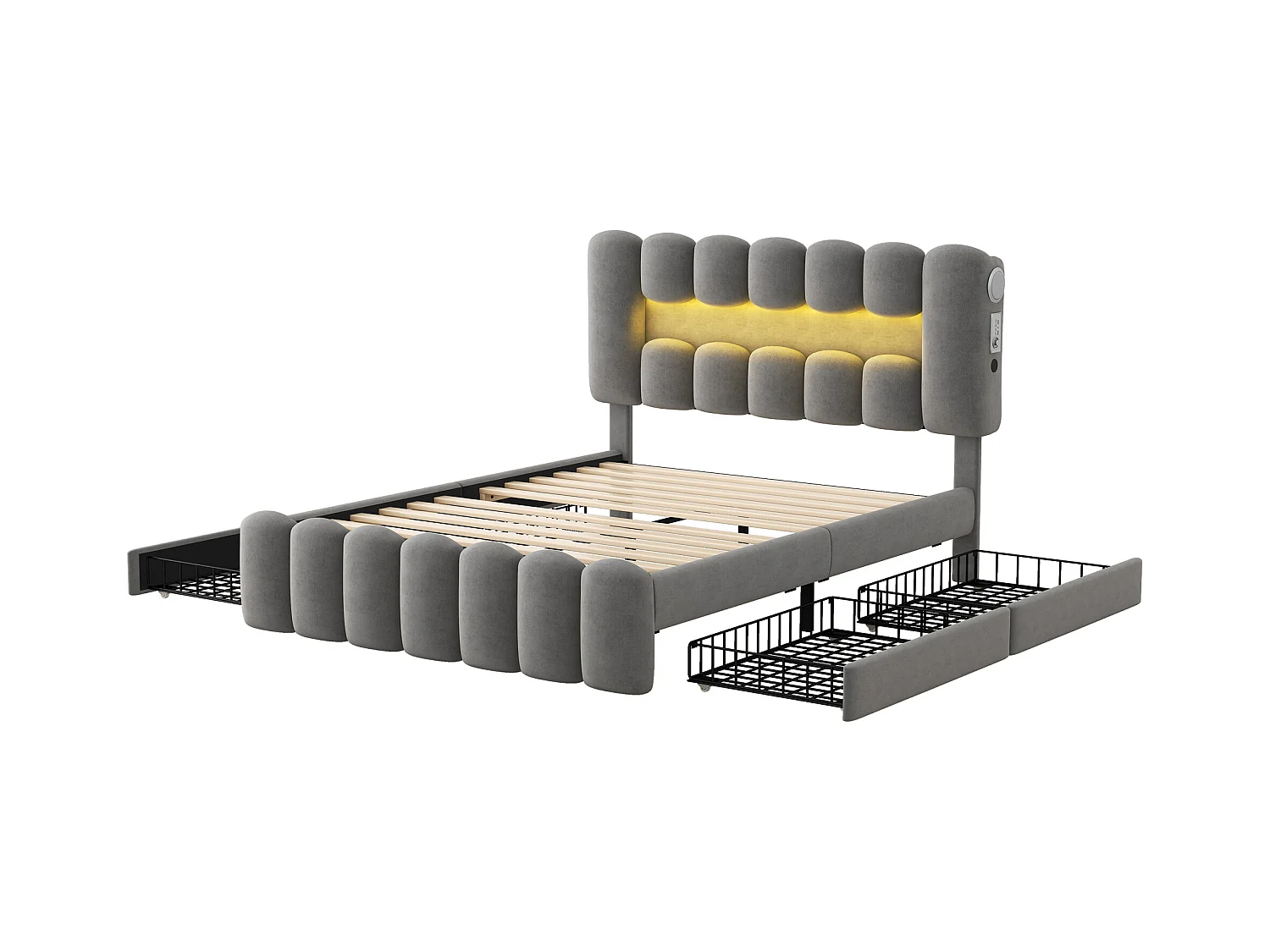 Lit adulte 140x200cm avec 4 tiroir et LED, tissu en velours gris, tête de lit réglable en hauteur, sans matelas