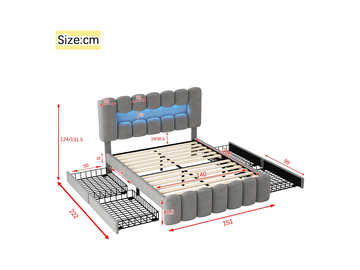 Lit adulte 140x200cm avec 4 tiroir et LED, tissu en velours gris, tête de lit réglable en hauteur, sans matelas