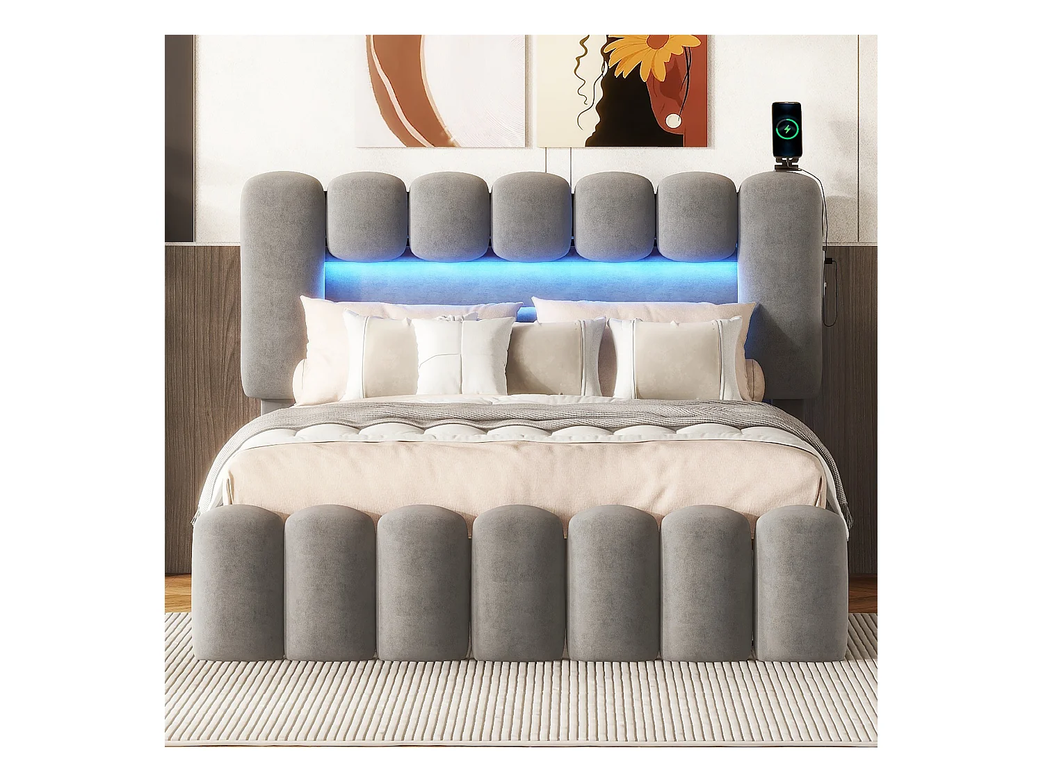 Lit adulte 140x200cm avec 4 tiroir et LED, tissu en velours gris, tête de lit réglable en hauteur, sans matelas
