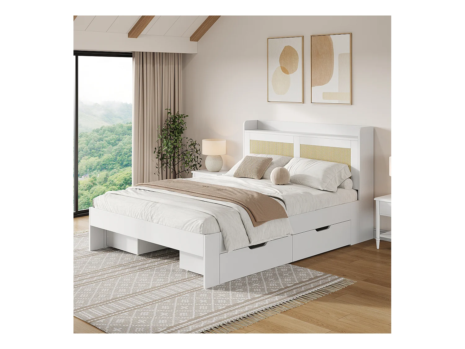 Lit adulte 140x200cm avec 4 tiroir, cadre en MDF, sommier à lattes, Blanc, sans matelas