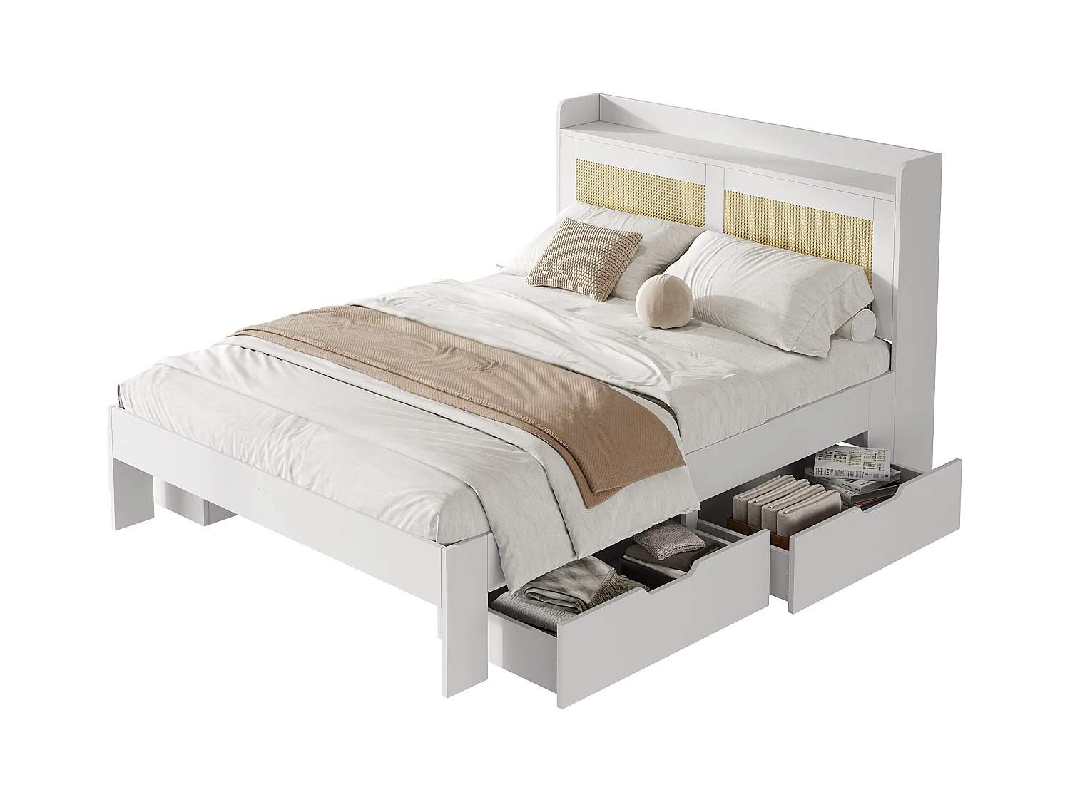 Lit adulte 140x200cm avec 4 tiroir, cadre en MDF, sommier à lattes, Blanc, sans matelas