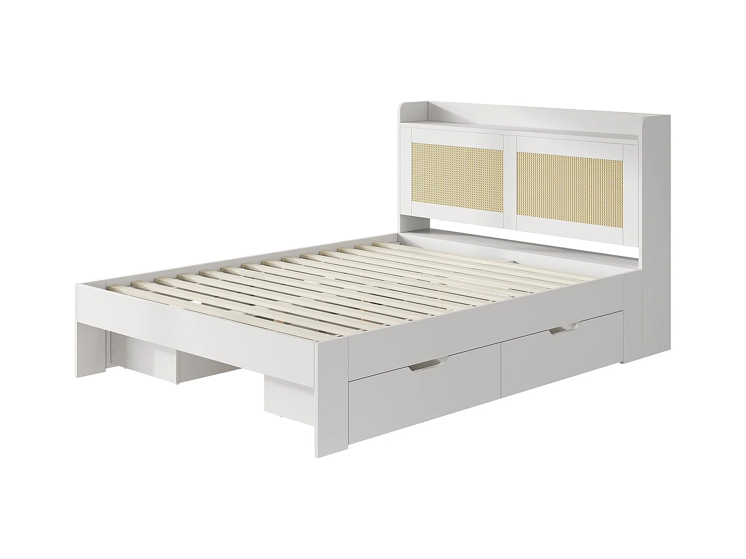 Lit adulte 140x200cm avec 4 tiroir, cadre en MDF, sommier à lattes, Blanc, sans matelas