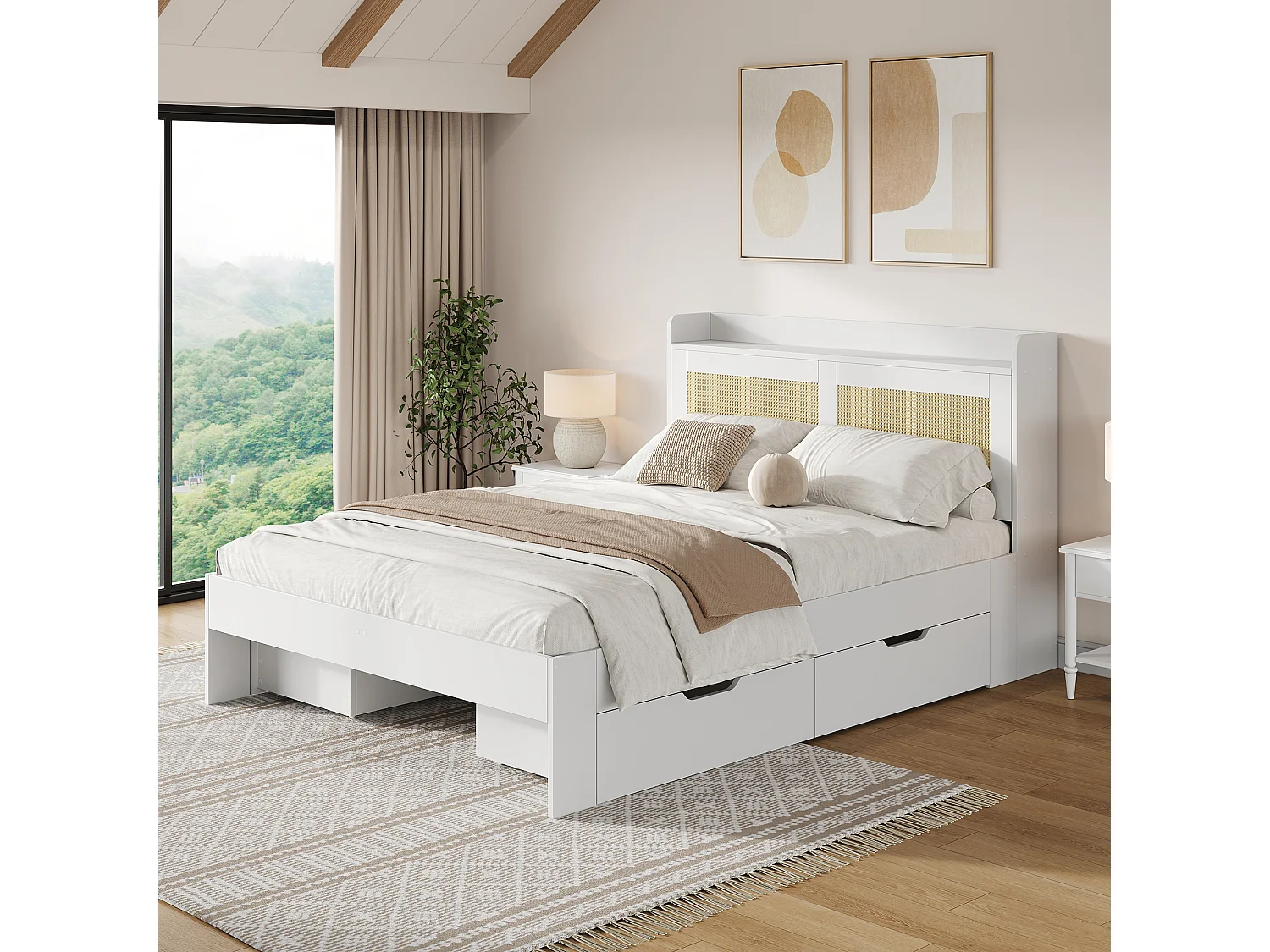 Letto per adulti 140x200cm con 4 cassetti, struttura in MDF, rete a doghe, bianco, senza materasso