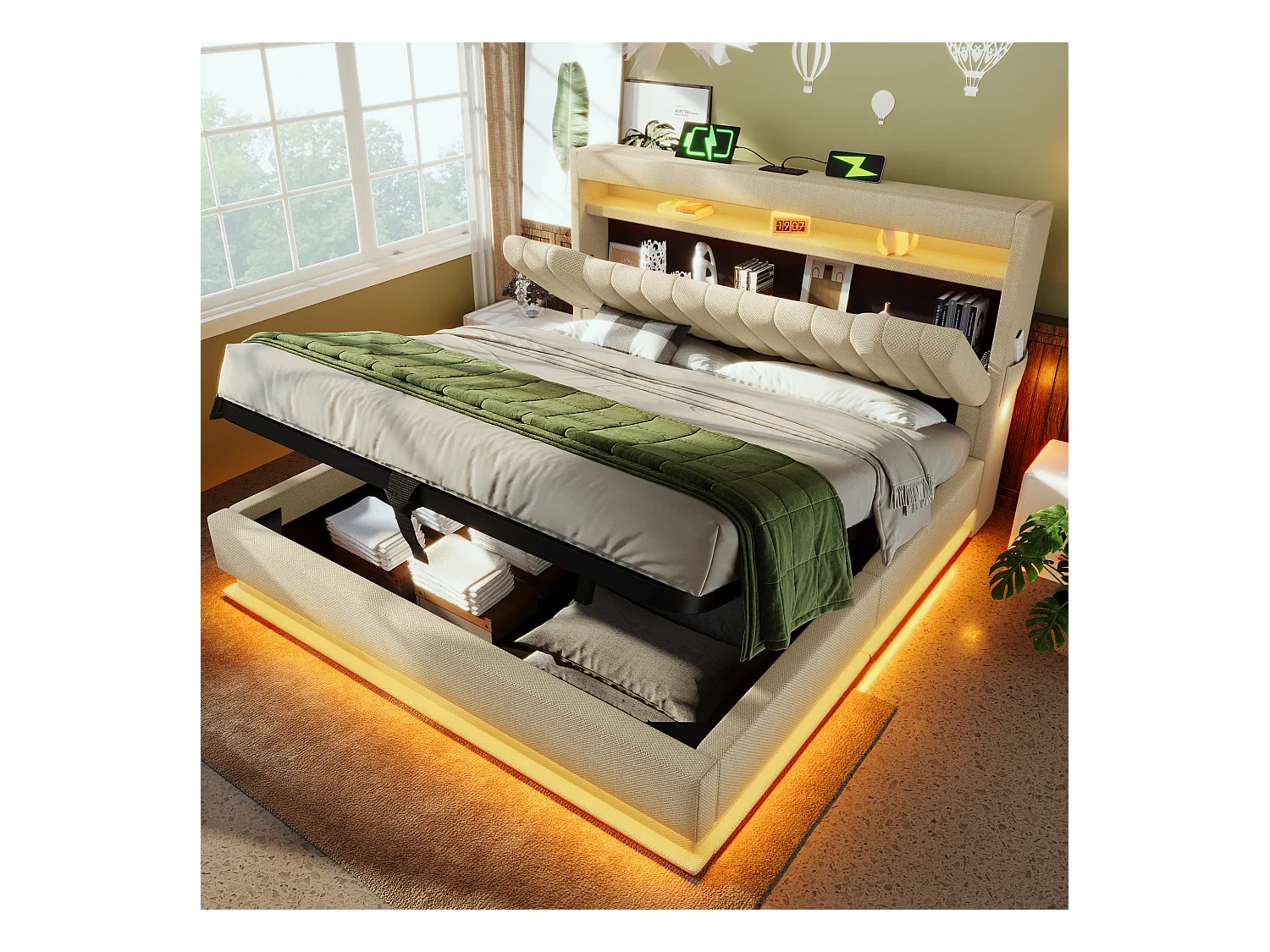 Volwassen opbergbed 140x200cm met LED, USB type-C en opberghoofdeinde, beige linnen stof, lattenbodem, zonder matras