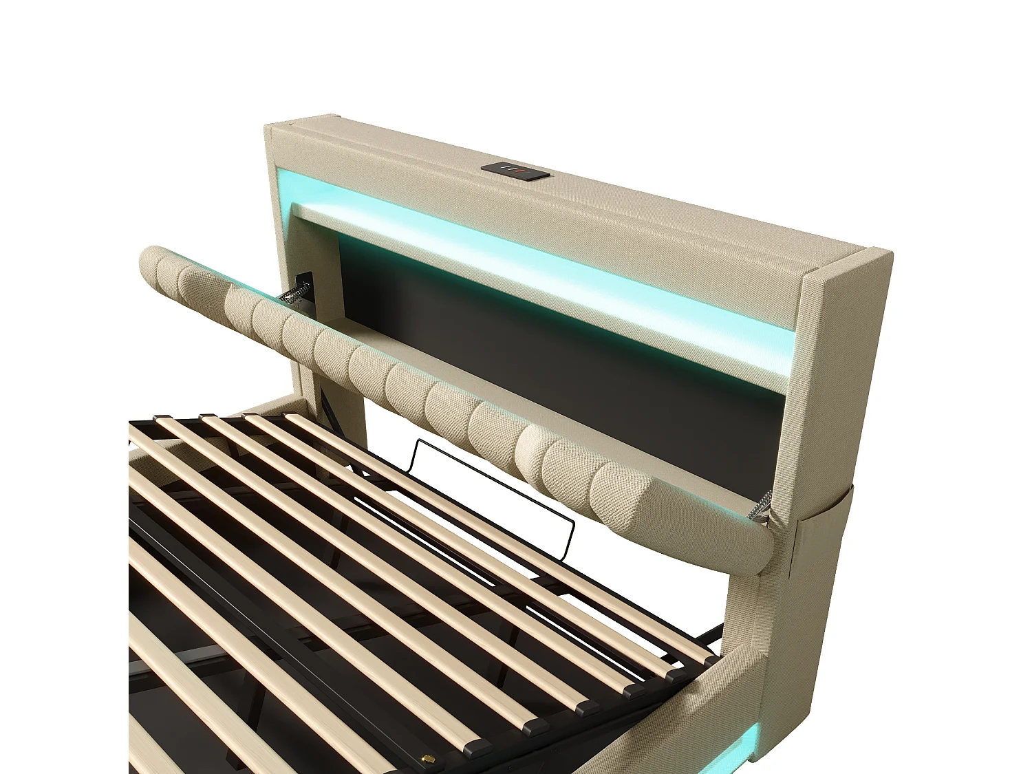 Lit coffre adulte 140x200cm avec LED, USB type-C et tête de lit de rangement, Tissu en lin beige, sommier à lattes, sans matelas