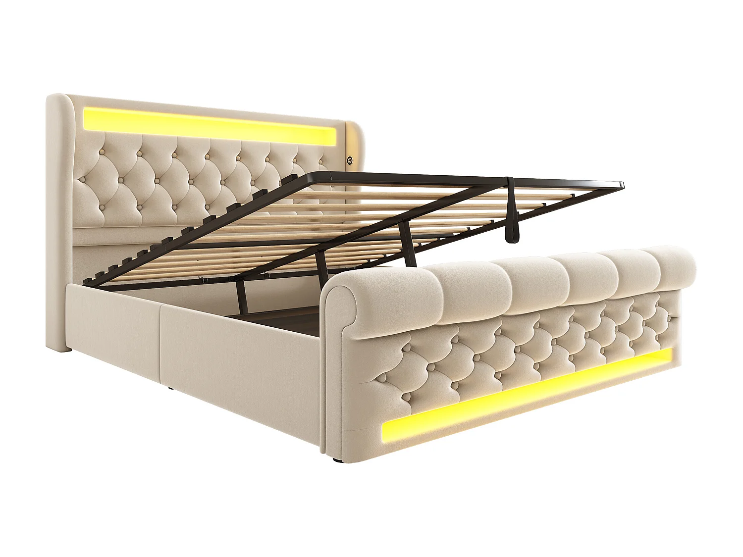 Volwassen opbergbed 140x200cm met LED en USB type-C, beige fluwelen stof, lattenbodem, zonder matras