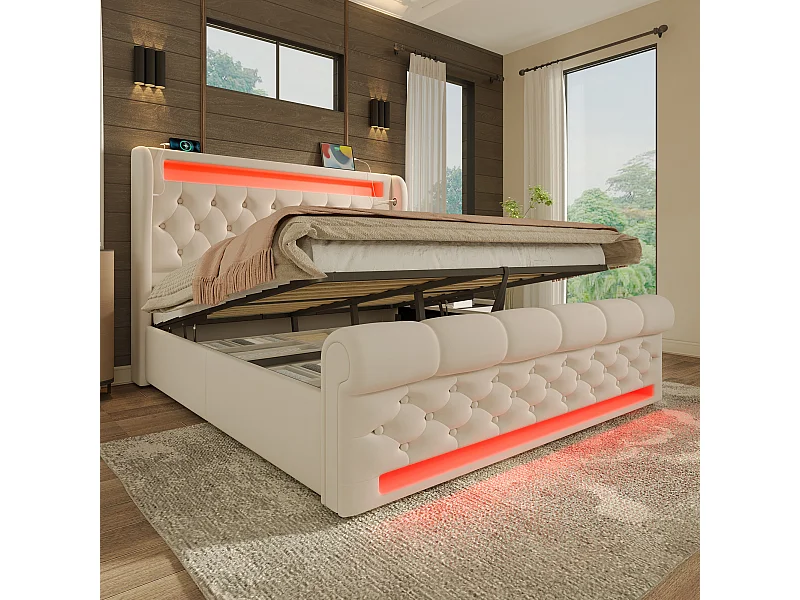 Lit coffre adulte 140x200cm avec LED et USB type-C, Tissu en velours beige, sommier à lattes, sans matelas