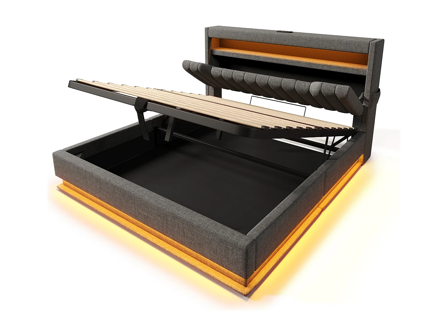 Lit coffre adulte 140x200cm avec LED, USB type-C et tête de lit de rangement, Tissu en lin gris, sommier à lattes, sans matelas