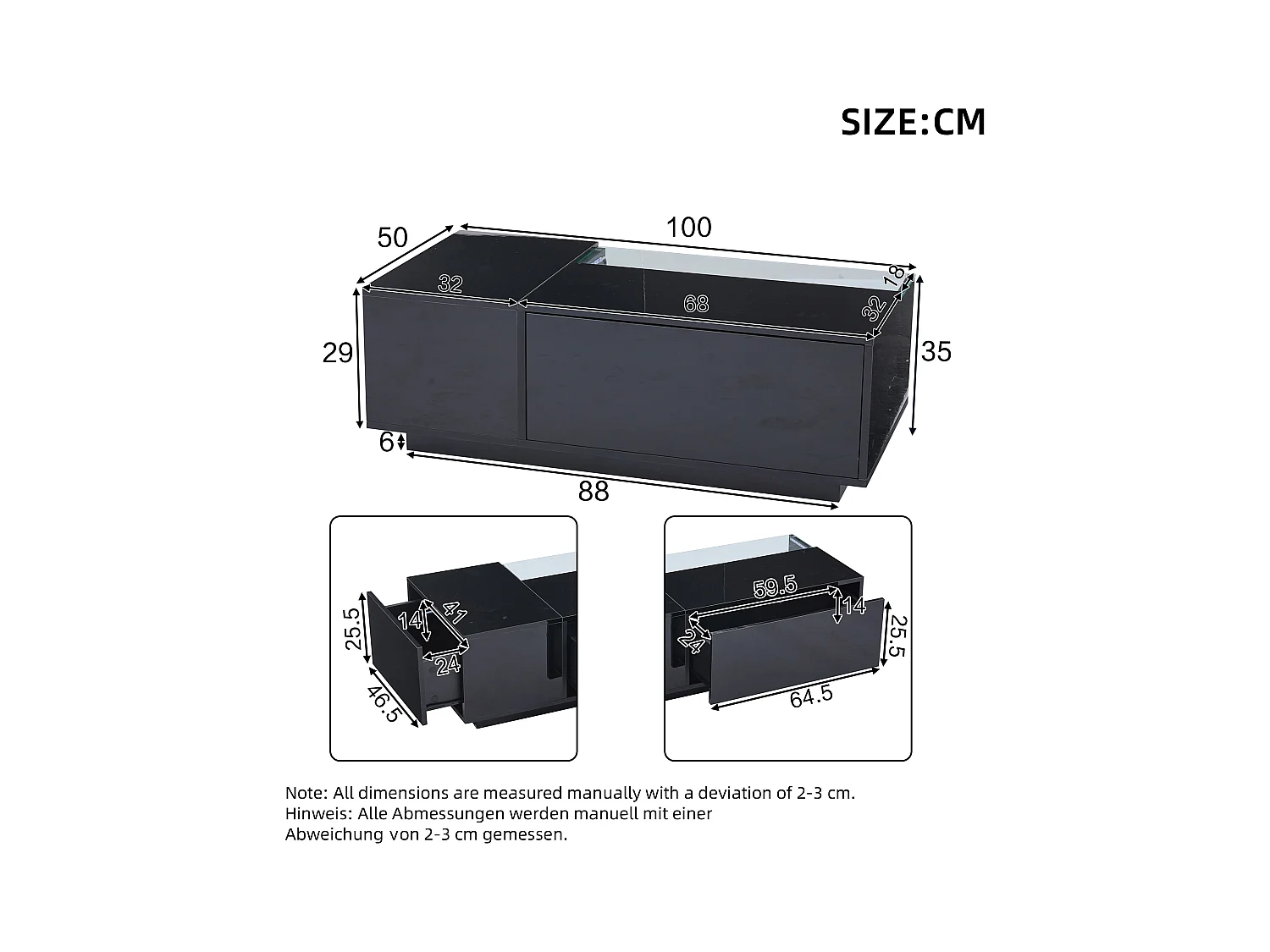 Salontafel 100x50x35cm met 2 lades en een halfopen vak, LED, zwart gelakt
