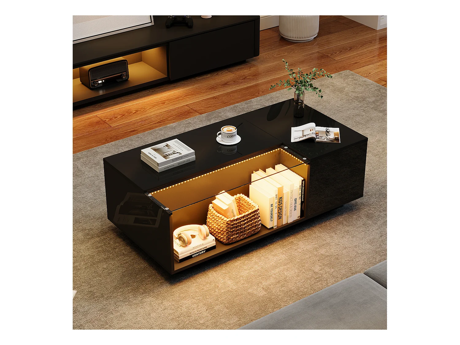 Table basse 100x50x35cm avec 2 tiroir et d'un compartiment semi-ouvert, LED, noir laqué