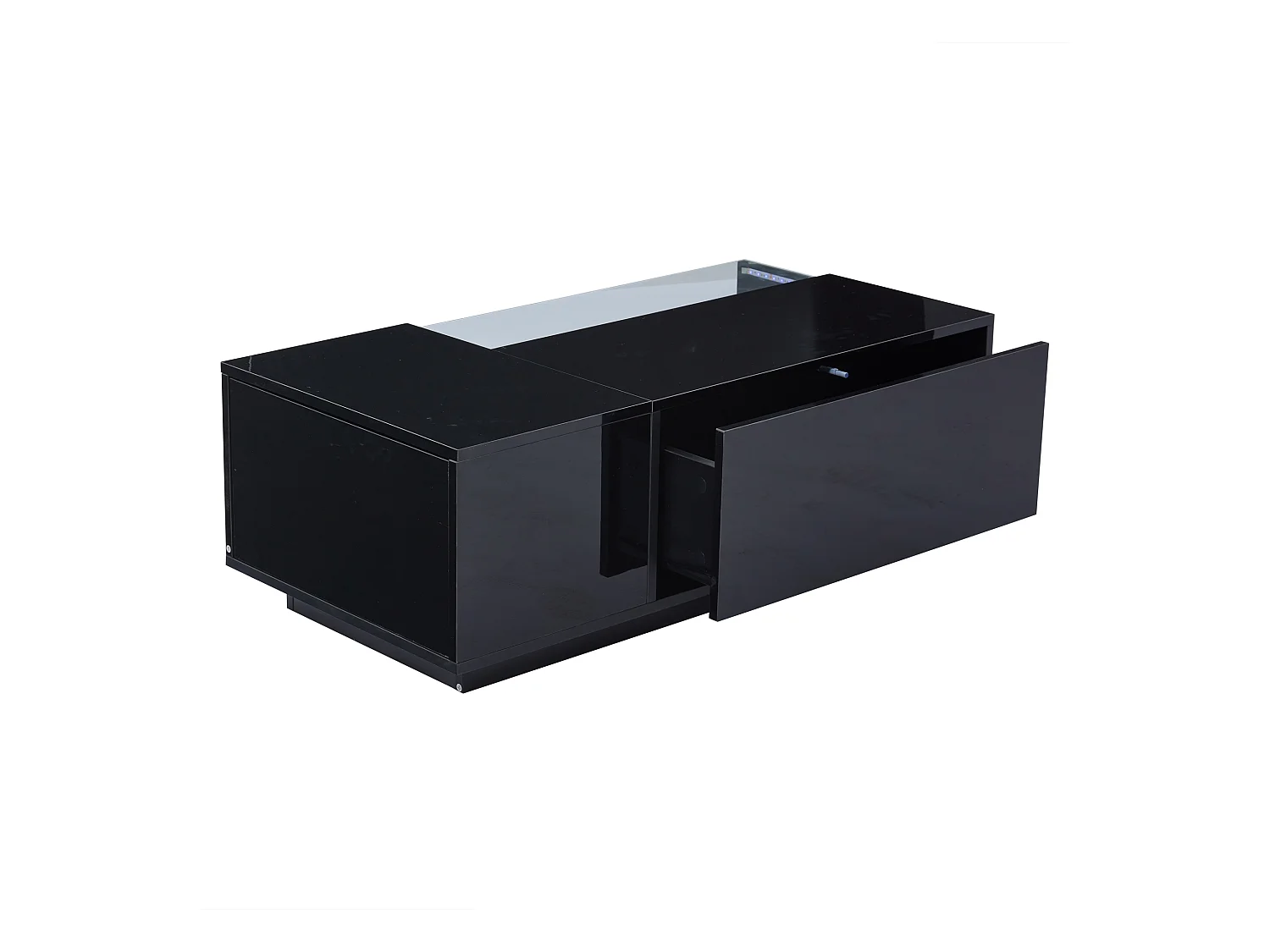 Table basse 100x50x35cm avec 2 tiroir et d'un compartiment semi-ouvert, LED, noir laqué