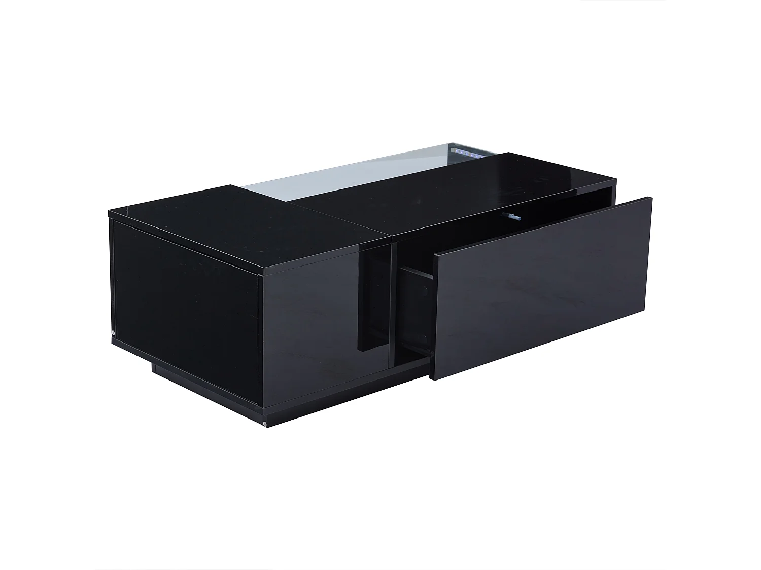 Table basse 100x50x35cm avec 2 tiroir et d'un compartiment semi-ouvert, LED, noir laqué