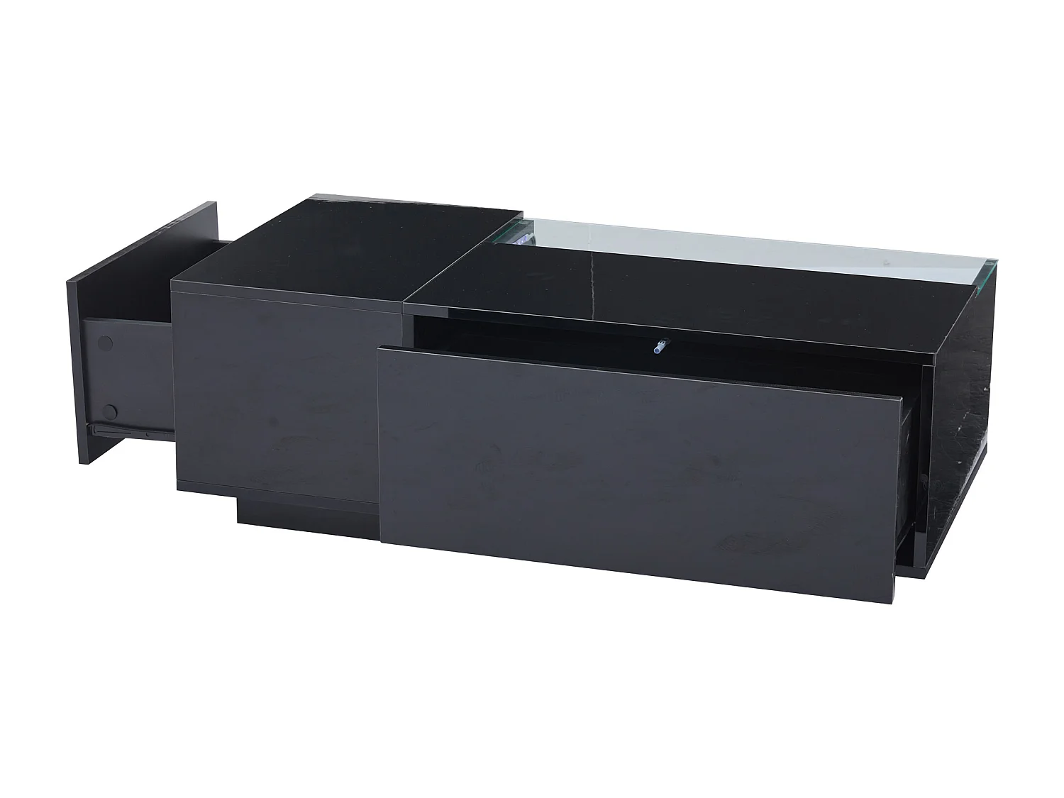 Table basse 100x50x35cm avec 2 tiroir et d'un compartiment semi-ouvert, LED, noir laqué