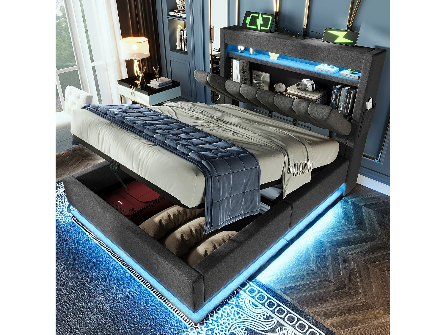 Kinderbed met opbergruimte 90x200cm met LED, USB type-C en opberghoofdeinde, grijze linnen stof, lattenbodem, zonder matras