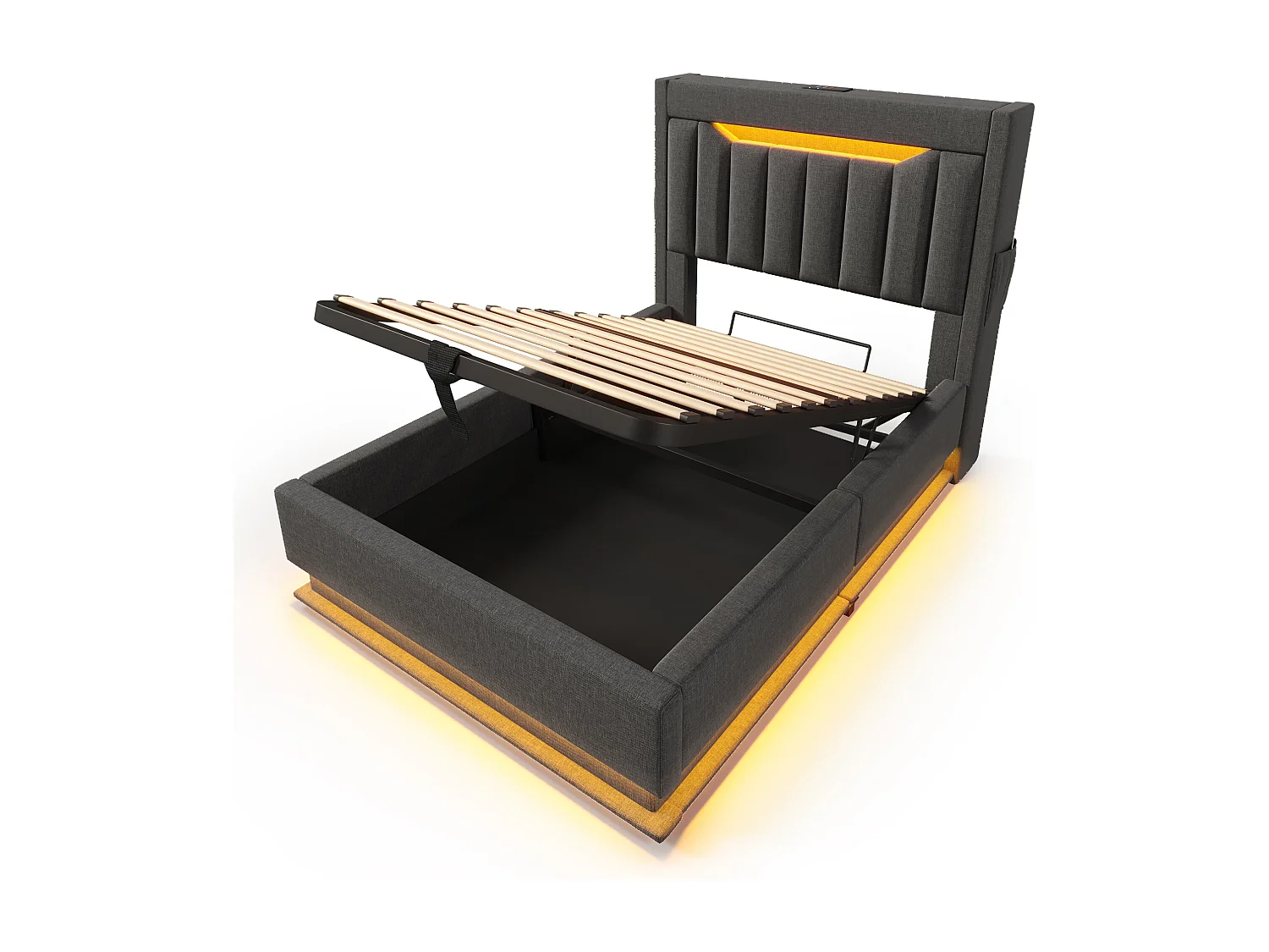 Kinderbed met opbergruimte 90x200cm met LED, USB type-C en opberghoofdeinde, grijze linnen stof, lattenbodem, zonder matras