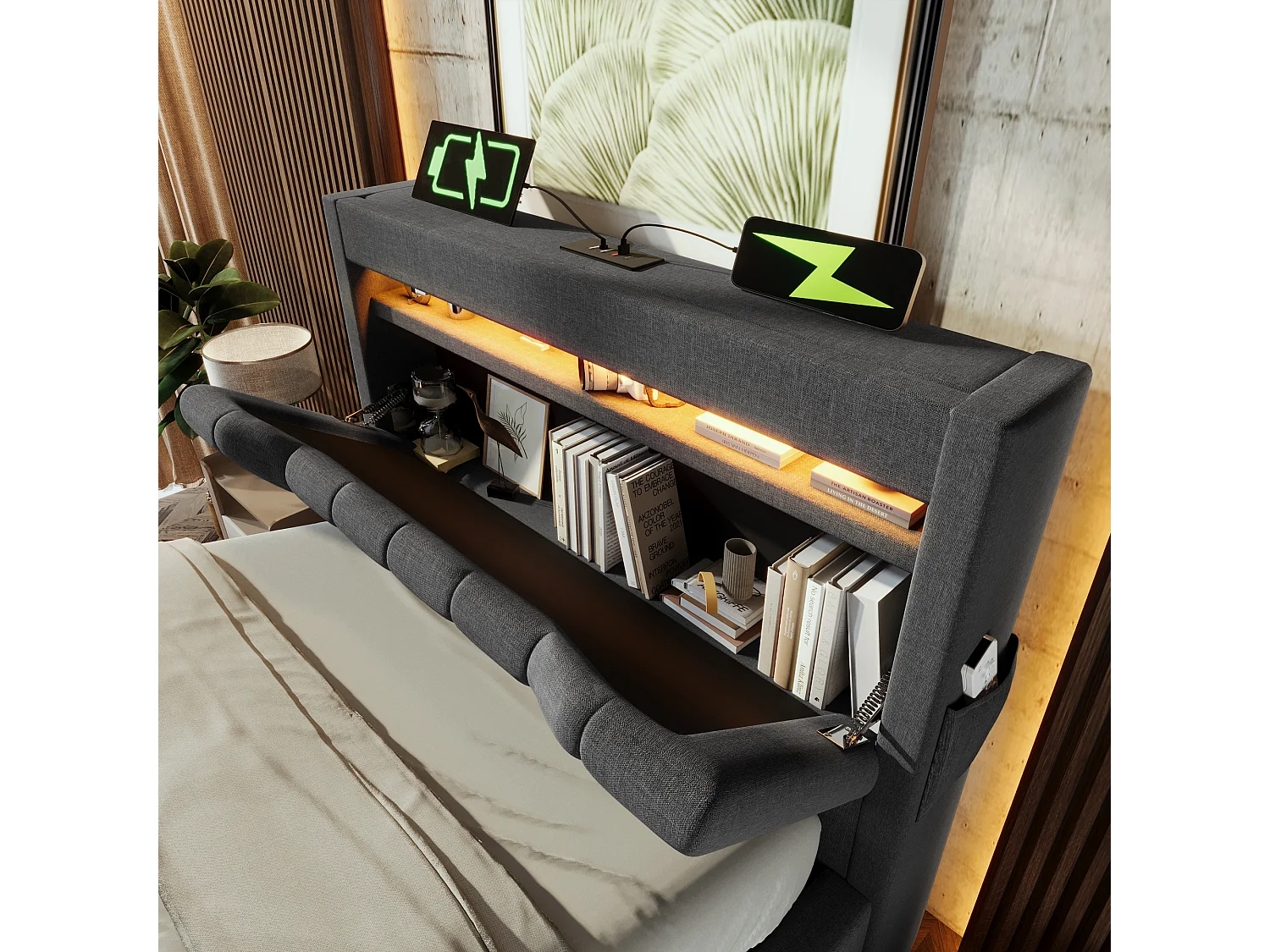 Kinderbed met opbergruimte 90x200cm met LED, USB type-C en opberghoofdeinde, grijze linnen stof, lattenbodem, zonder matras