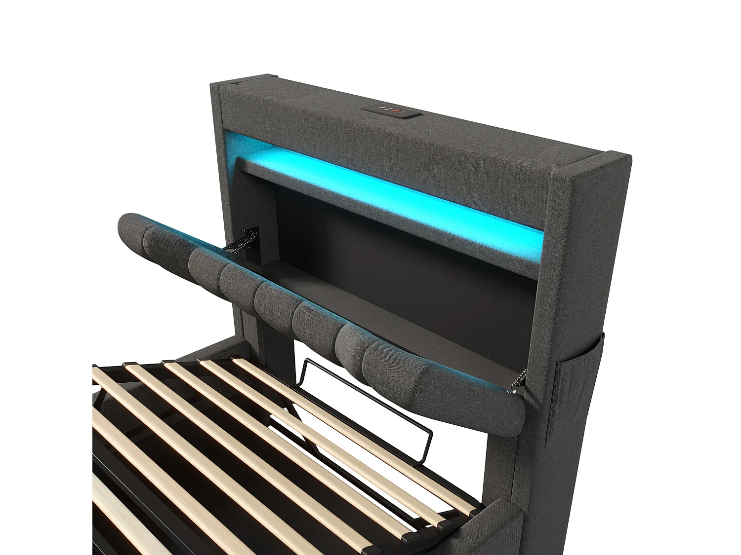 Kinderbed met opbergruimte 90x200cm met LED, USB type-C en opberghoofdeinde, grijze linnen stof, lattenbodem, zonder matras